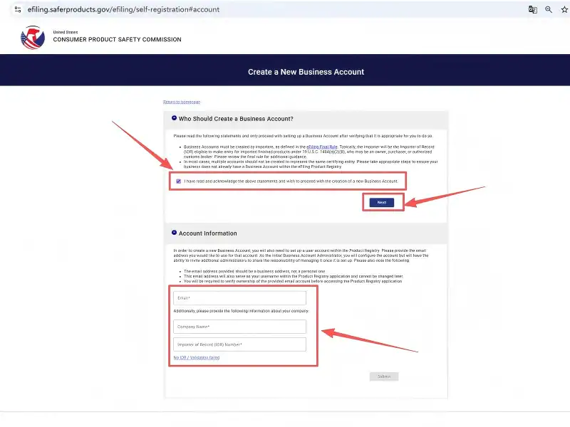 CPSC eFiling registration Step 3